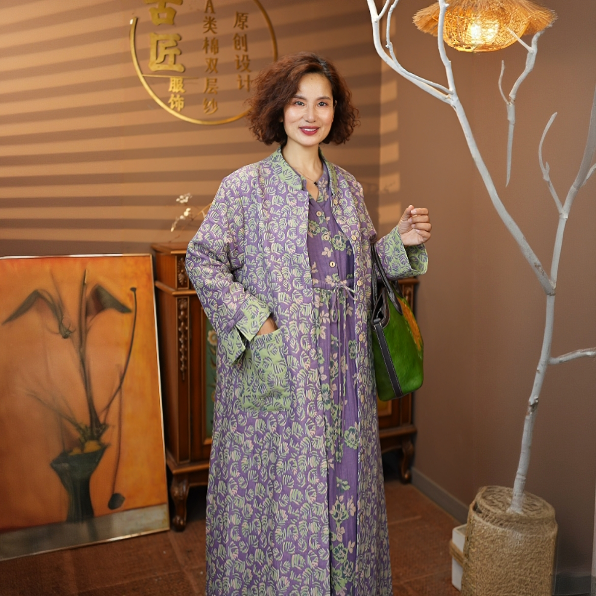 古匠丁香紫纯棉织绣双层纱秋款外穿可家居面料柔软睡袍大衣