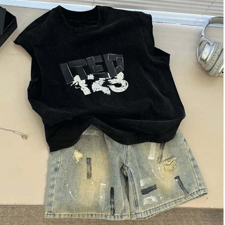 韩国童装男童套装2025爆款春夏洋气时髦背心儿童新品牛仔短裤夏款