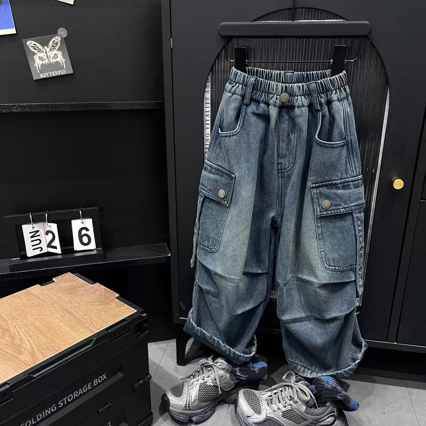 棉小九　儿童潮酷街头加绒工装牛仔裤（中童）74763