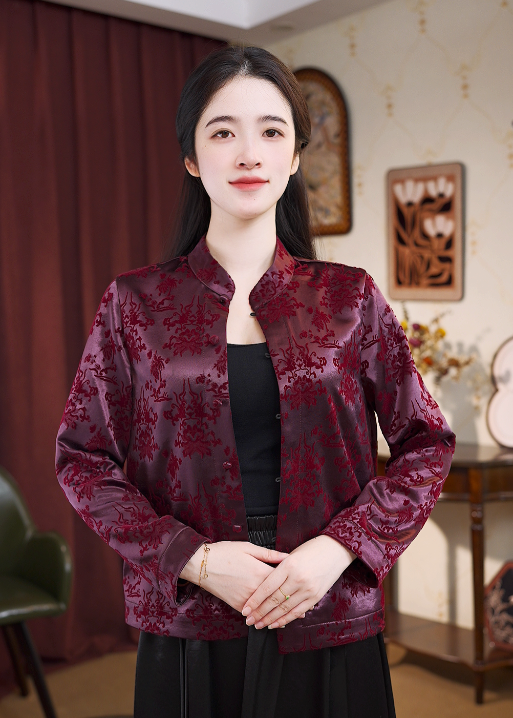 【紫霞仙子-缠枝】2025秋季重磅新中式女装缎面长袖上衣