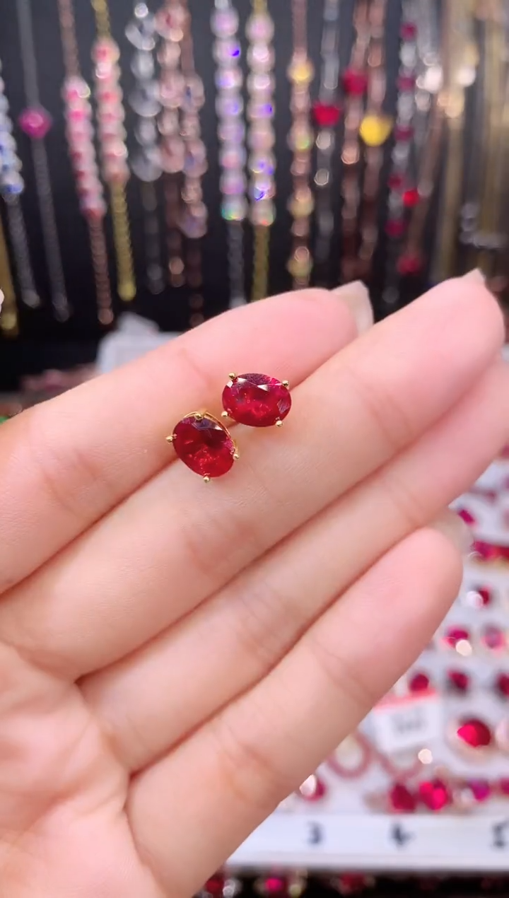 耳饰银S925镶嵌红宝石金色酒红68