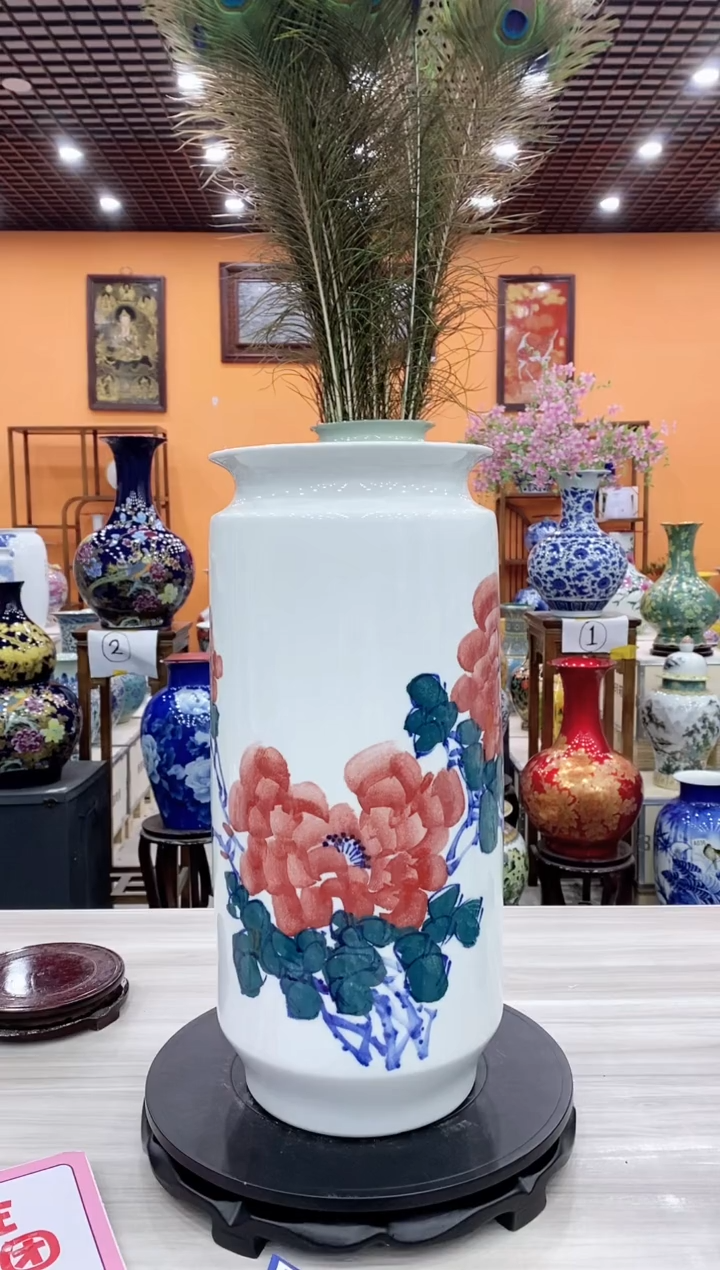 摆件彭小清花开富贵直筒瓶+旋转底座