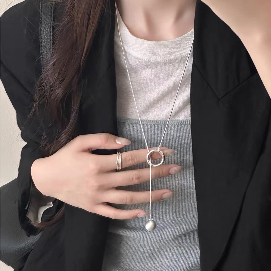 铜合金项链 百搭简约拉丝银球长项链可抽拉高级秋冬毛衣链C0109