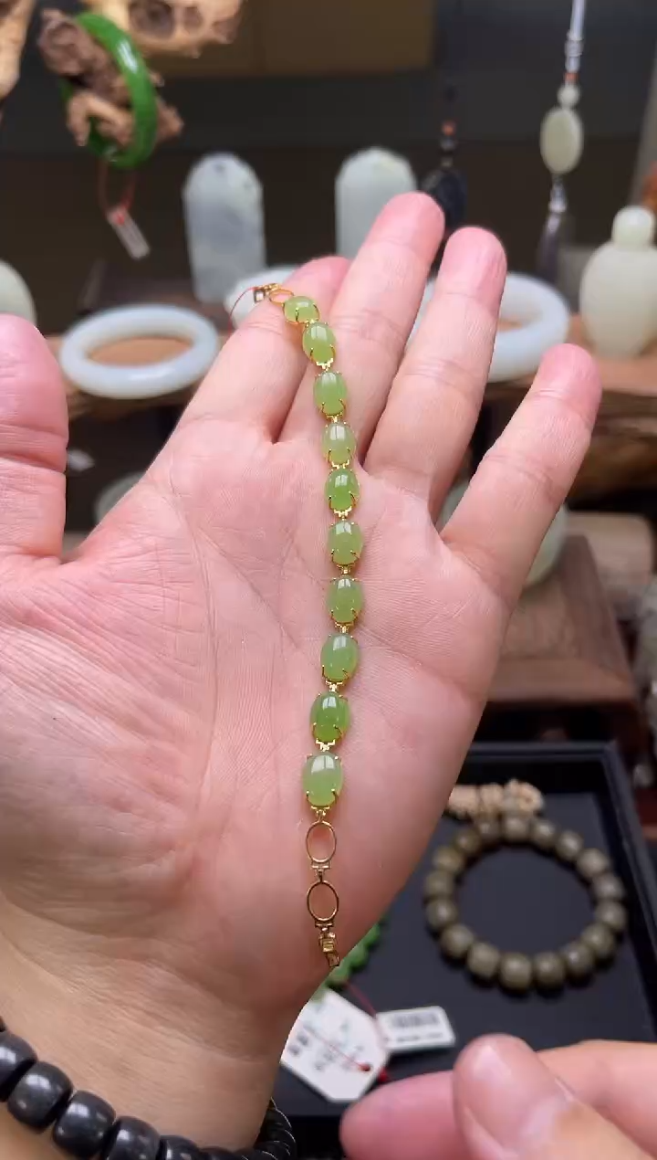 【闪购商品】和田玉手链18K金镶嵌乌兰海苹果绿 手链 9002026
