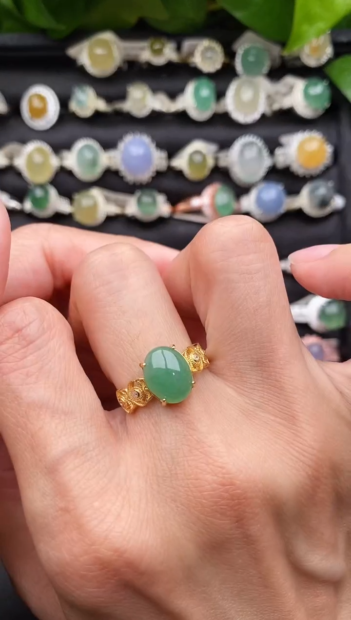 【闪购商品】翡翠戒指银S925镶嵌缅甸天然A货翡翠66  7-