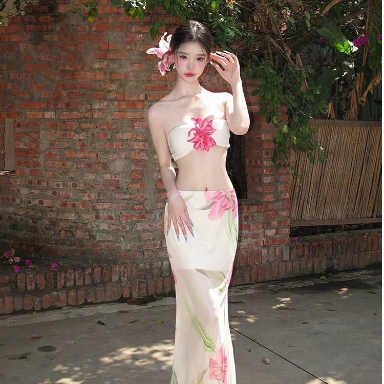 香水百合分体泳衣网红显白白色纯欲新款长裙度假民族风印花修身