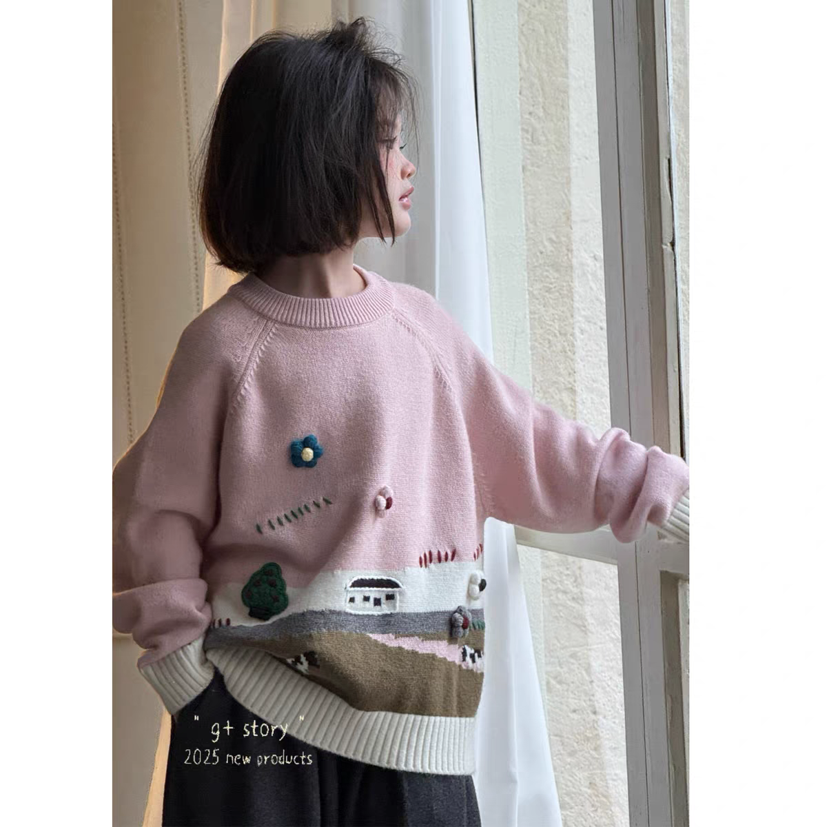 女童2025秋冬高端定制手工钩花风景画圆领毛衣中大童亲子装