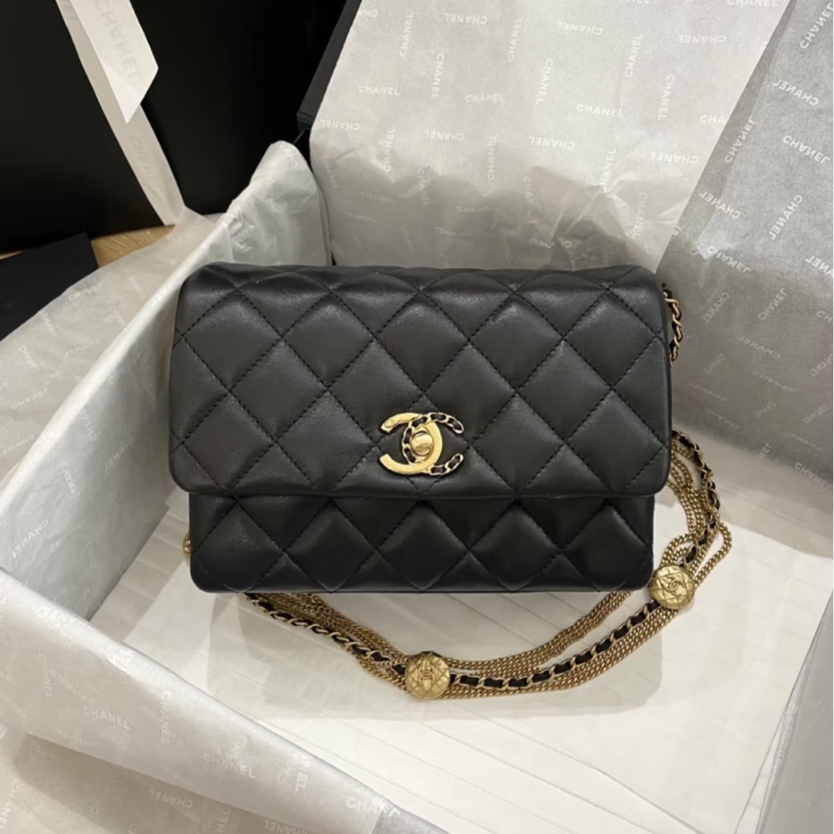 95新 Chanel/香奈儿 小花6珊22A口盖风琴包21cm黑色 皮革S芯片开