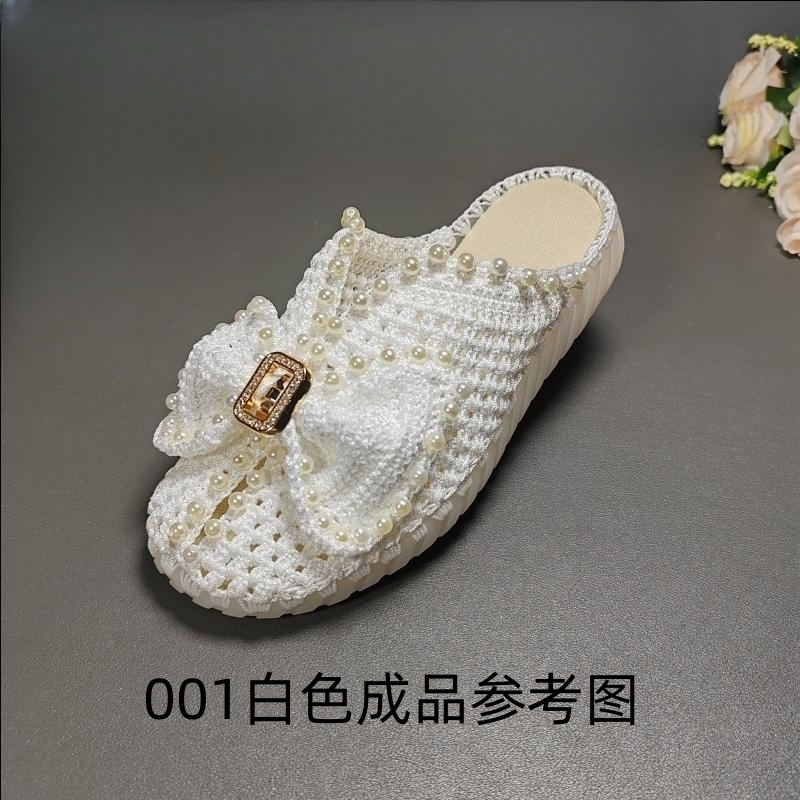 （成品定做）蝴蝶结串珠款手工拖鞋空心线水晶底
