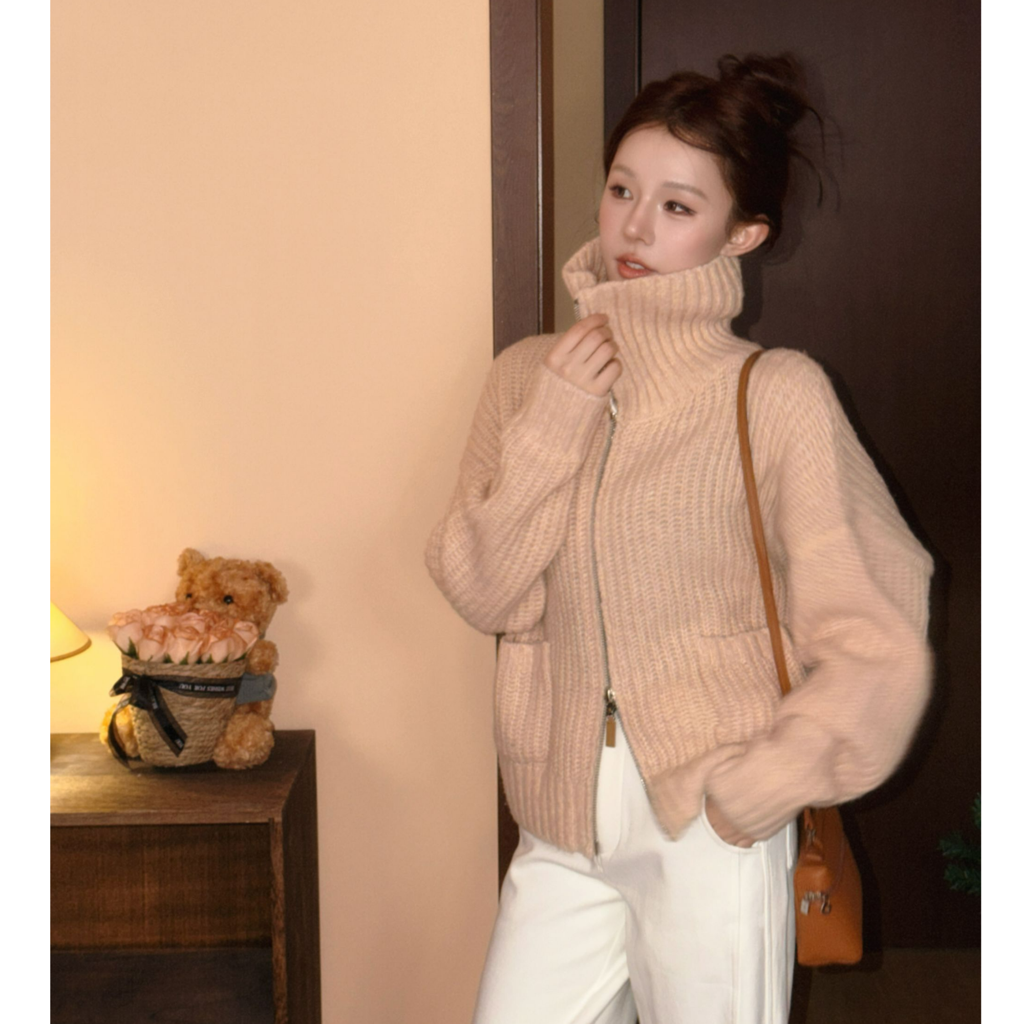 【羊毛 兔绒】针织 双头拉链 厚领口 橘色毛衣XMZH11325