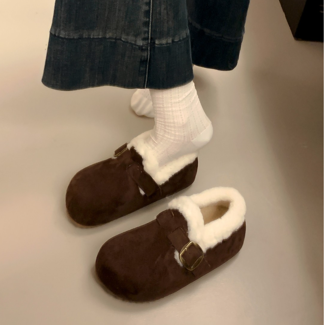 三福加绒内增高勃肯鞋女冬季加厚乐福鞋一脚蹬雪地靴保暖毛毛棉鞋