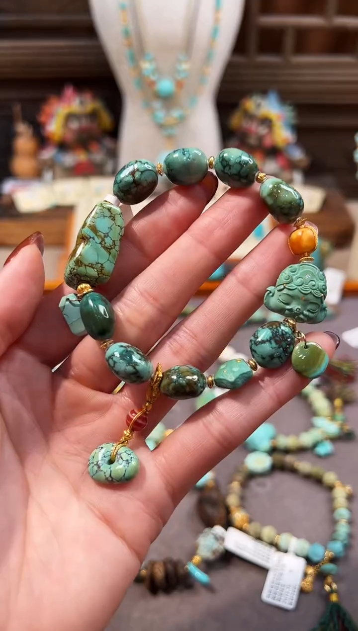 18K金镶嵌绿松石手链公主象手链