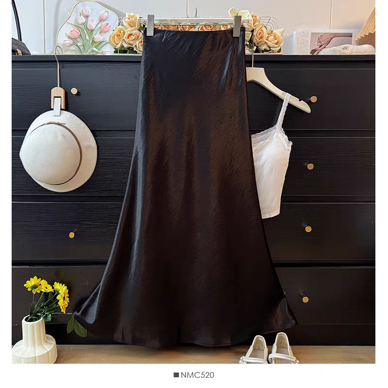 夏季新款大码8087-5时尚温柔气质显瘦百搭长款黑色半身裙