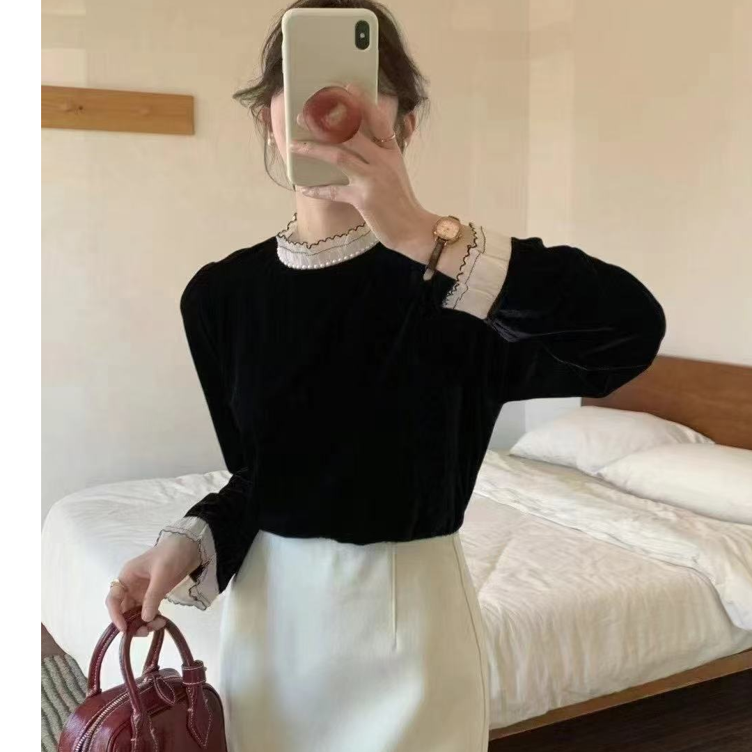 时尚新款撞色蕾丝拼接套头丝绒衬衫