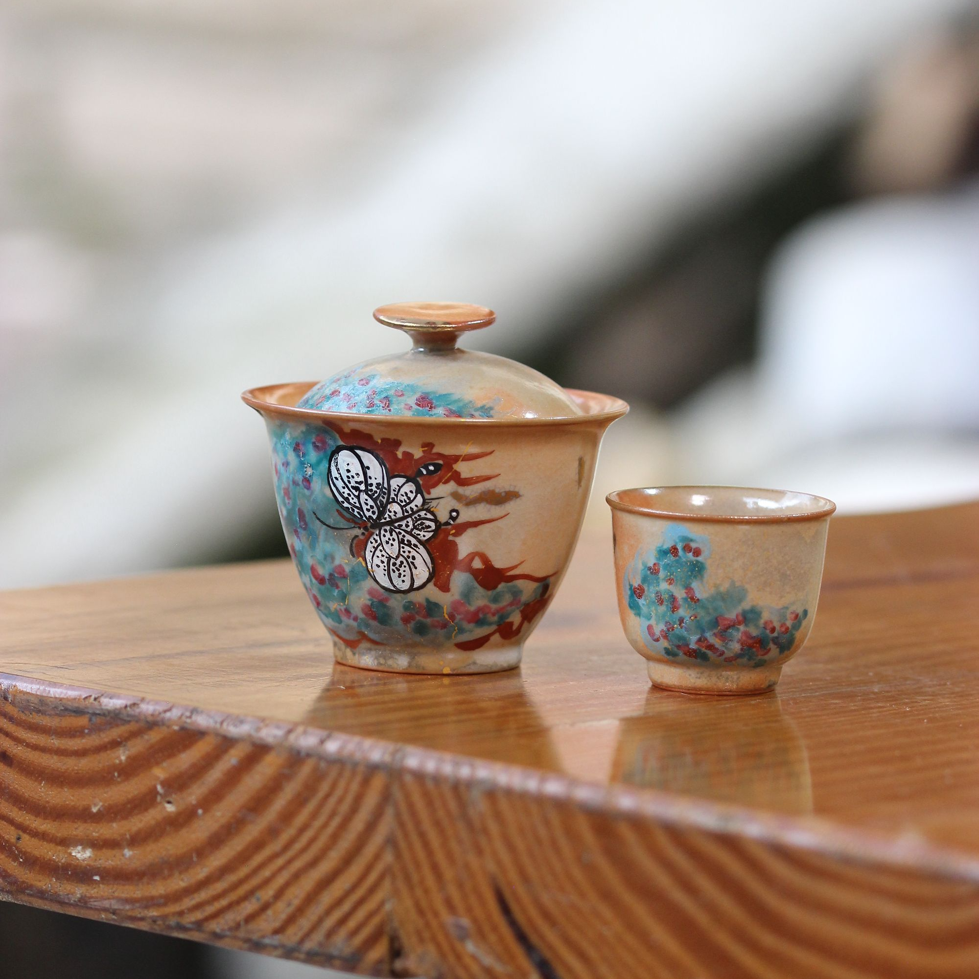 亘古茶具手绘陶瓷茶具茶壶盖碗杯组合泡茶品茗志野烧手作蝴蝶志野