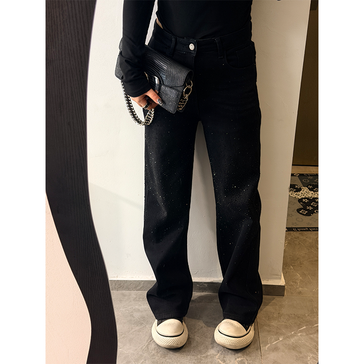 【美丽定制】冬季黑灰高弹力高级感长裤大码胖mm烫钻渐变窄版直筒裤