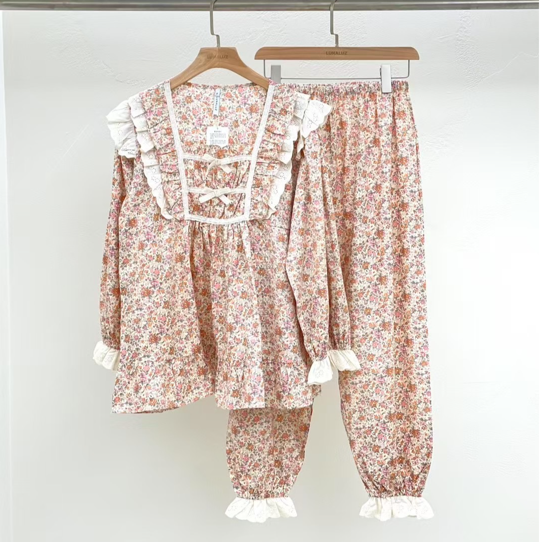 【野子家】韩国LUNALUZ春季新款蕾丝甜美碎花高级家居服长袖套装