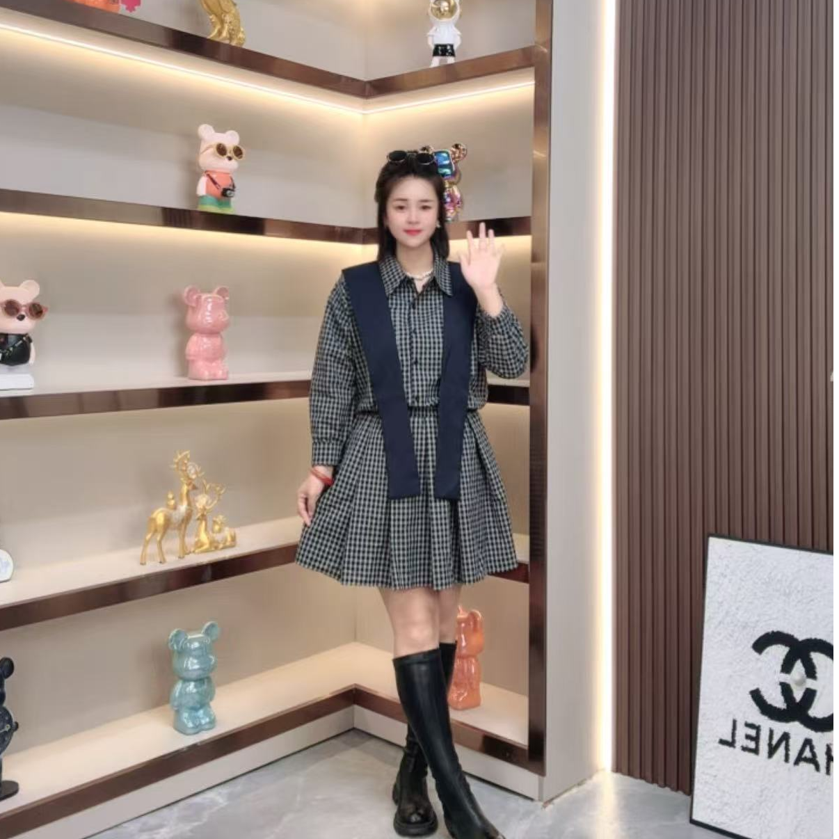 POLO领碎花长袖不褪色日式连衣裙格纹翻领黑色法式