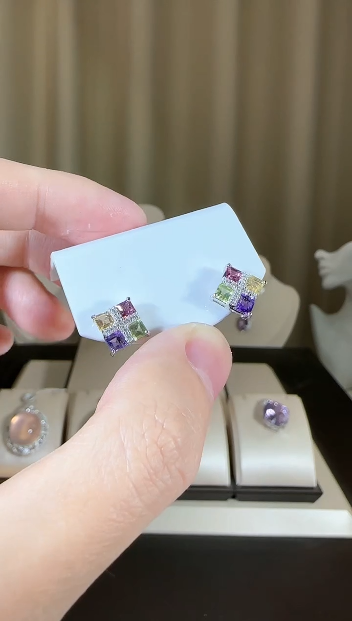 【闪购商品】水晶耳饰银S925镶嵌多彩宝耳钉