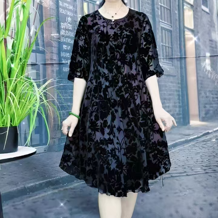 桑蚕丝连衣裙中老年高端大码时尚气质10A099