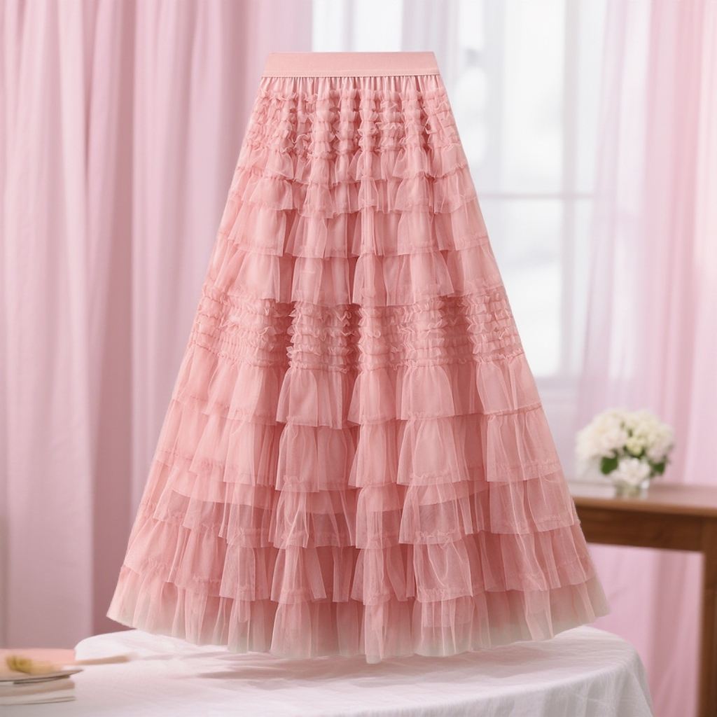 春秋新款高腰显瘦a字裙层层网纱裙女蛋糕裙长款半身裙仙女纱裙