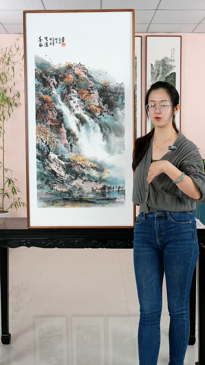 国画王学田《金秋飞瀑》手绘带框122*62厘米