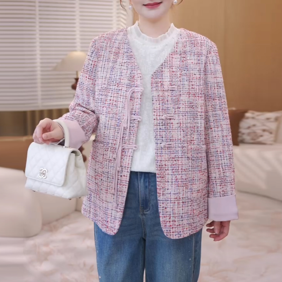 MsShe大码女装秋装小香风粗花呢流苏盘扣V领宽松外套D~E2508043