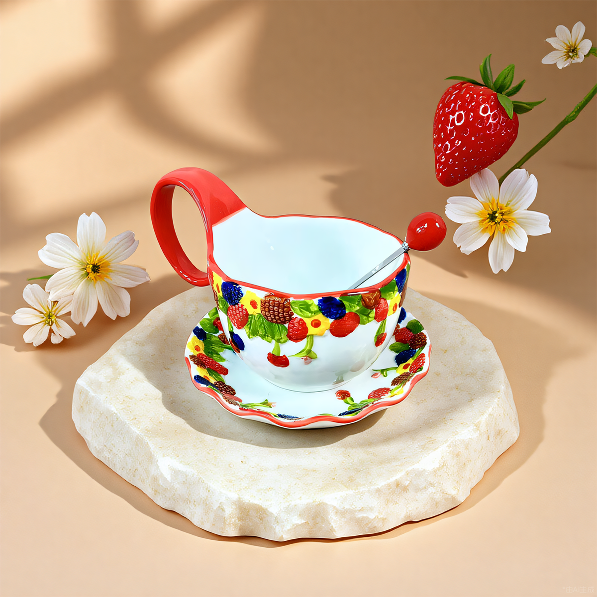 树莓浮雕陶瓷曲把杯三件套