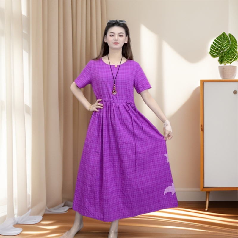 2025九儿新款上新圆领短袖百搭舒适休闲抽绳收腰有口袋连衣裙