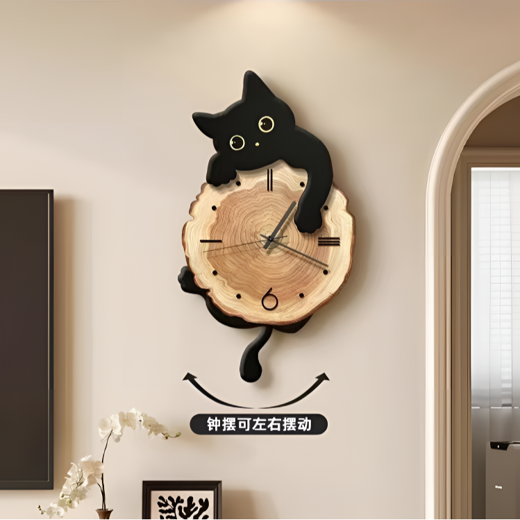 ZB24漫喵倩影摇摆静音扫描钟表挂钟设计无痕品质客厅背景墙挂画