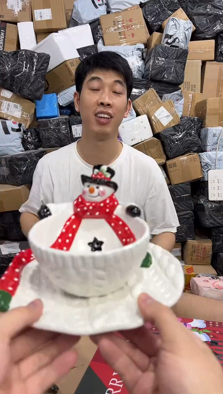 瓷片原盒雪人盘  加雪人碗