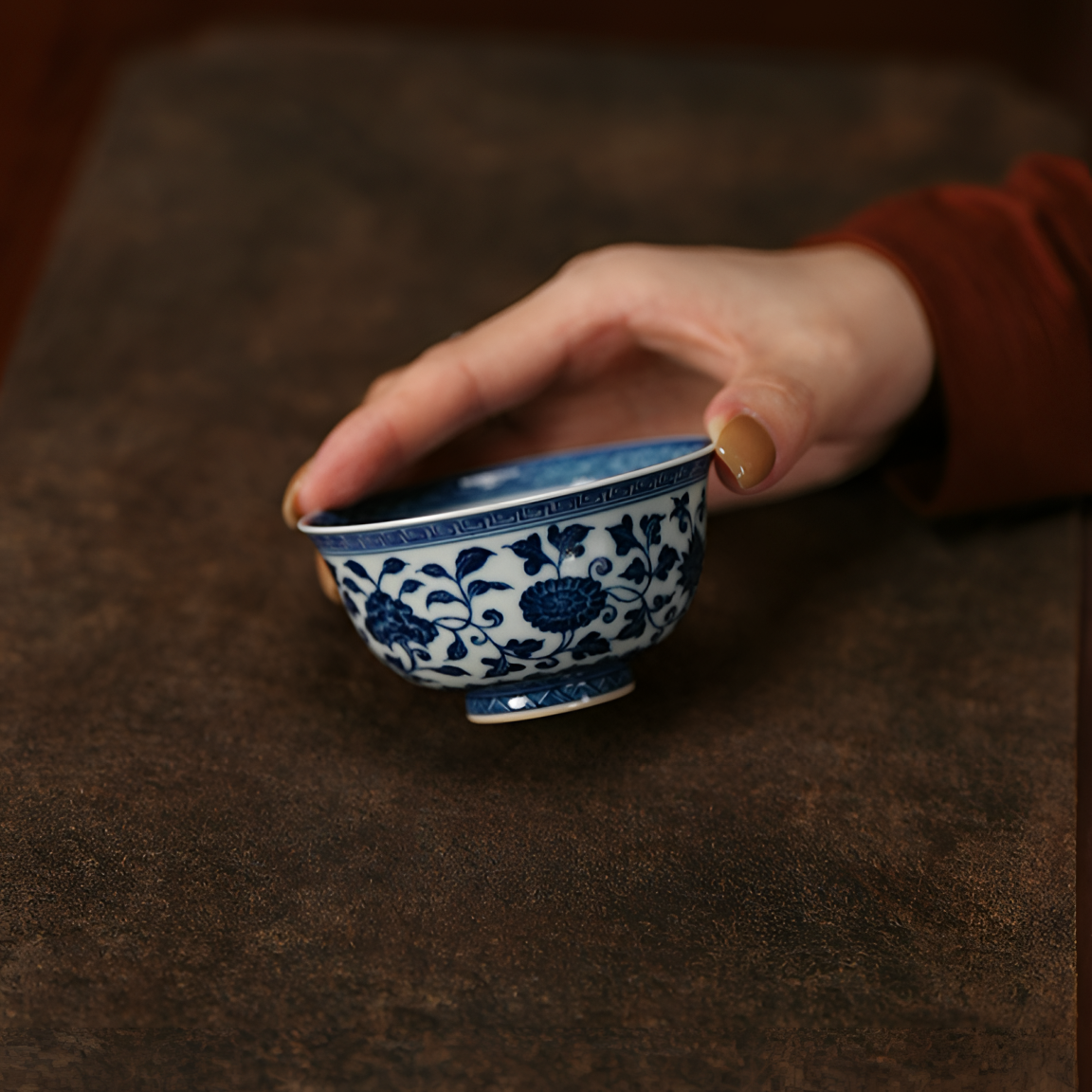 记石柴窑青花手绘四季花卉宫碗主人杯