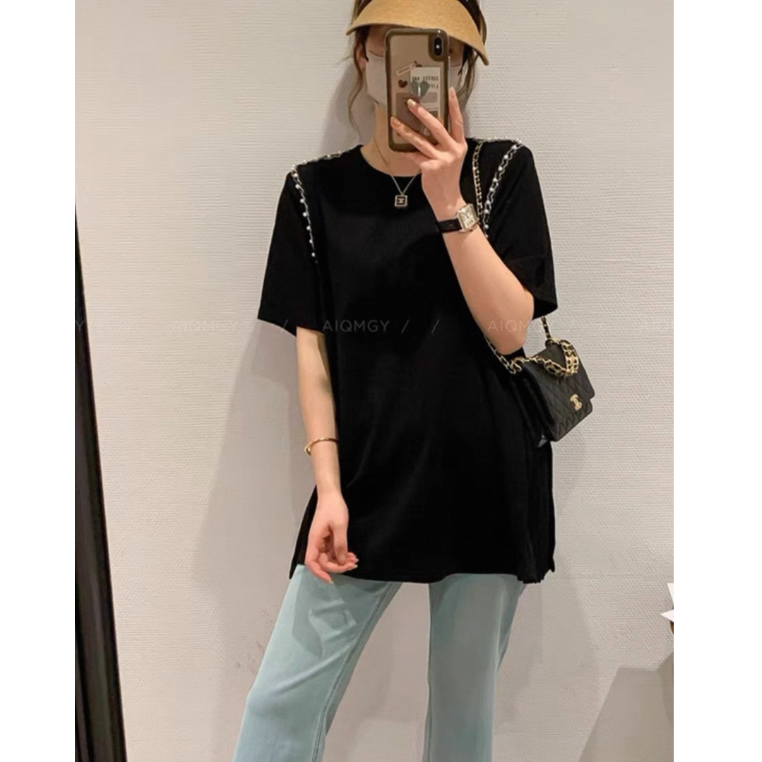 【苹果】2025新款欧洲站名媛风百褶拼接设计感短袖上衣CCC11417