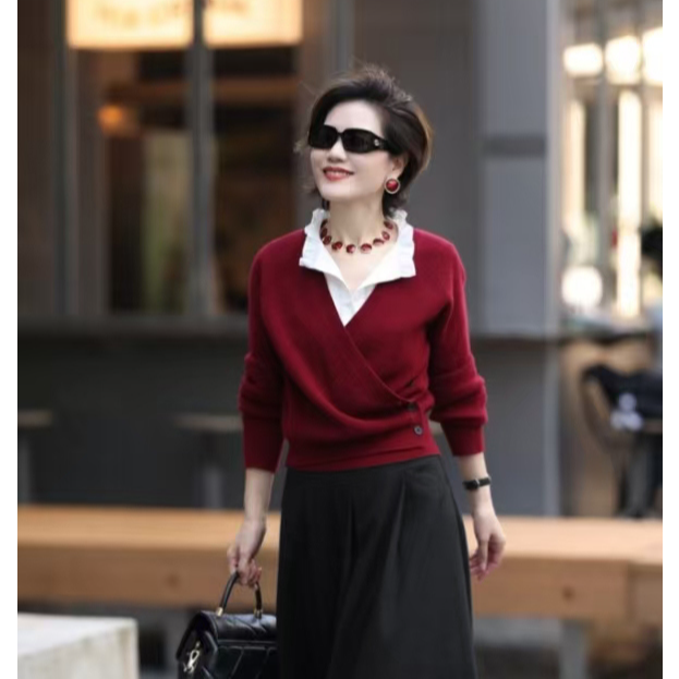 VCOS羊绒羊毛斜襟V领三粒扣短款套头针织衫