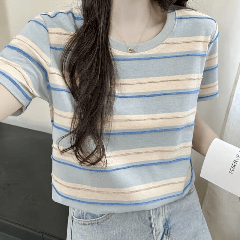 小众撞色条纹圆领短袖女款爆款2025新款夏季新款休闲百搭显瘦上衣