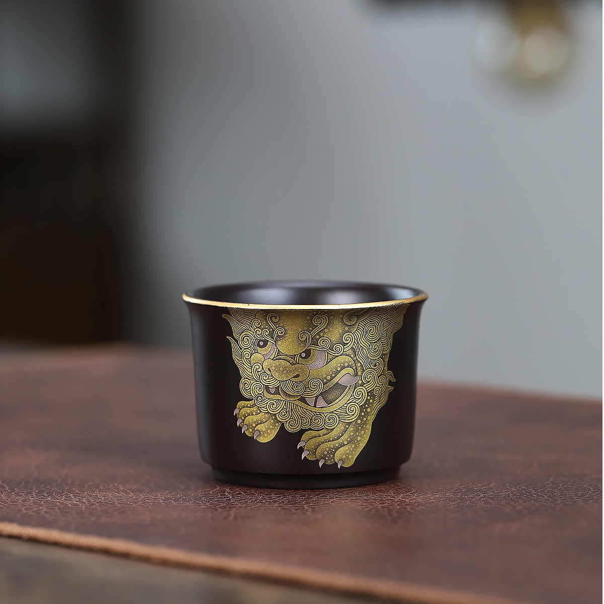 宜兴紫砂，原矿紫砂，原矿朱泥大红袍，捂灰，手工描金银主人杯，100cc