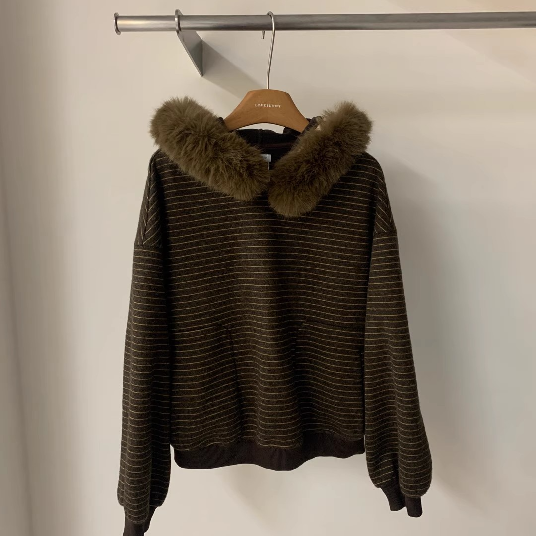 高端货~毛领条纹加绒卫衣韩国冬季保暖套头绒衫上衣女