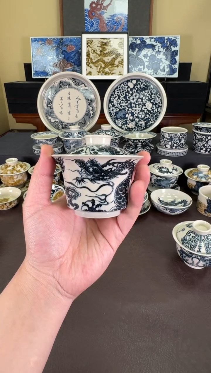 【闪购商品】瓷片二号釉1351龙纹马蹄盖碗