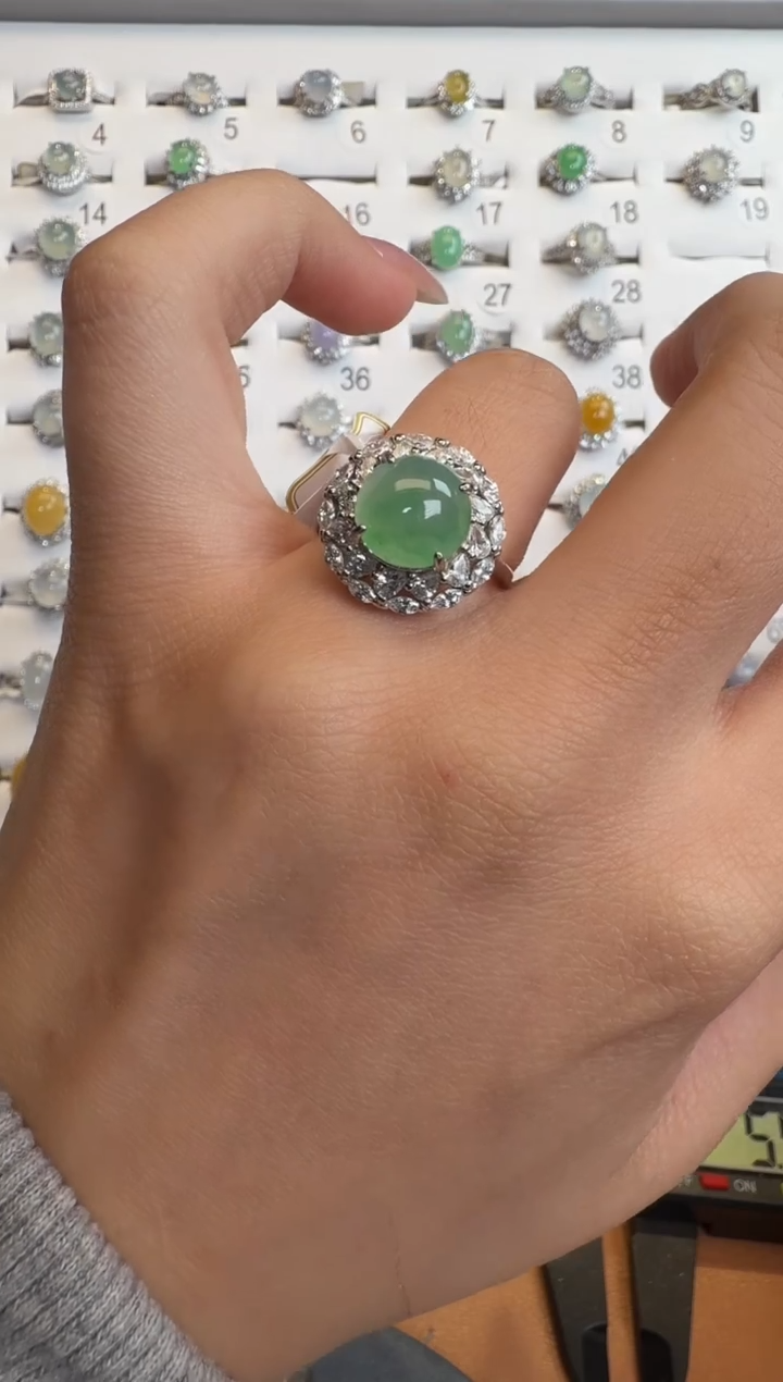 银S925镶嵌戒指翡翠通体925银镶缅甸A货翡翠戒指316