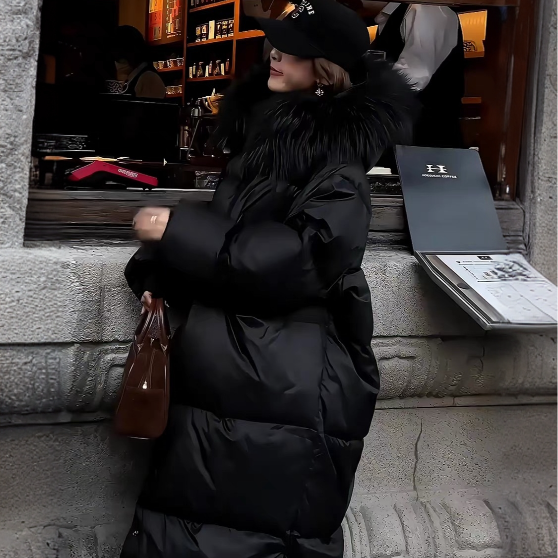 白鸭绒24冬季超大真毛领长款抗寒保暖加厚加长羽绒服A6055