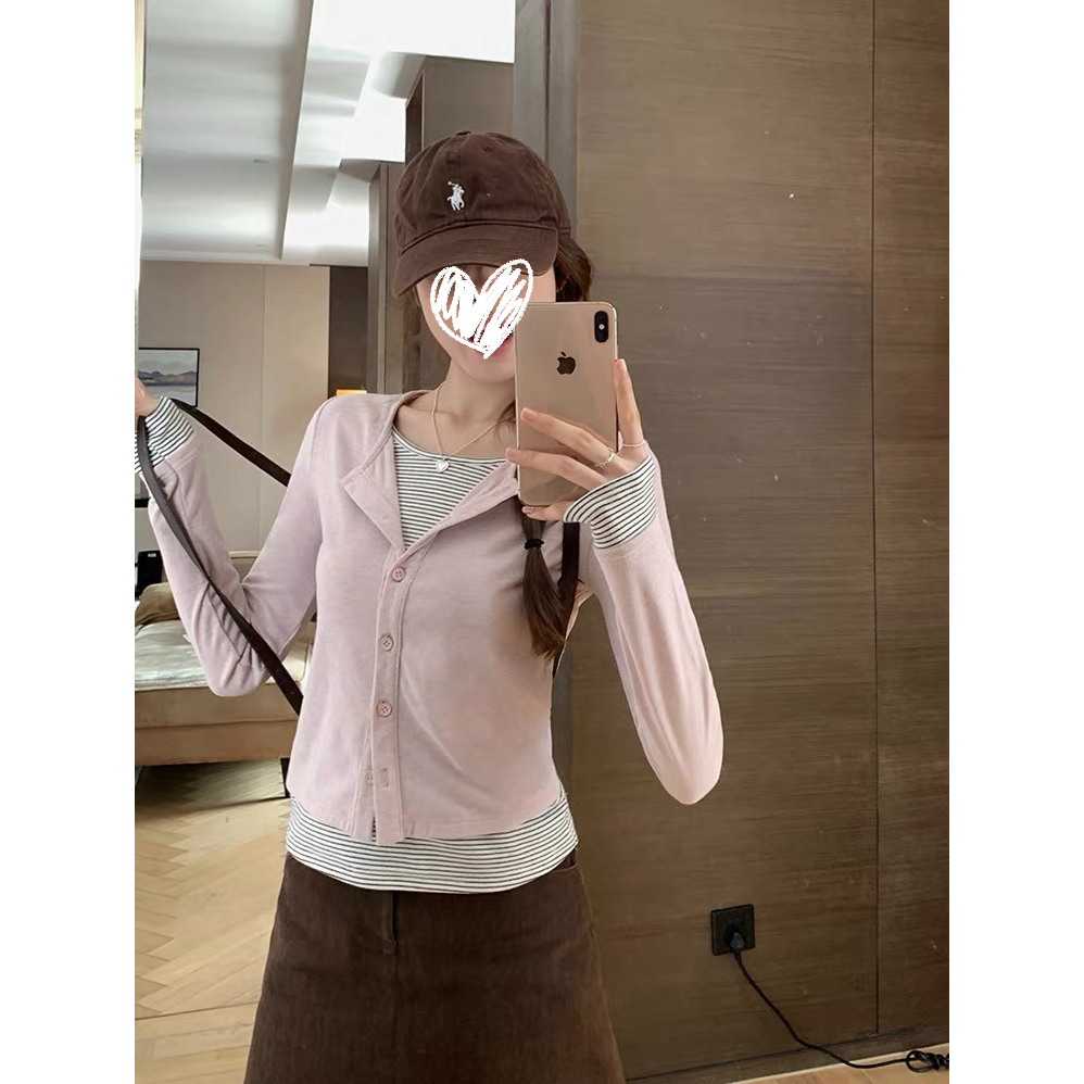 韩版拼接撞色条纹假两件长袖T恤慵懒风修身百搭显瘦上衣#Y8575