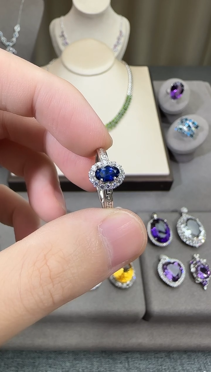 戒指蓝宝石银S925镶嵌5*7mm戒指简约款