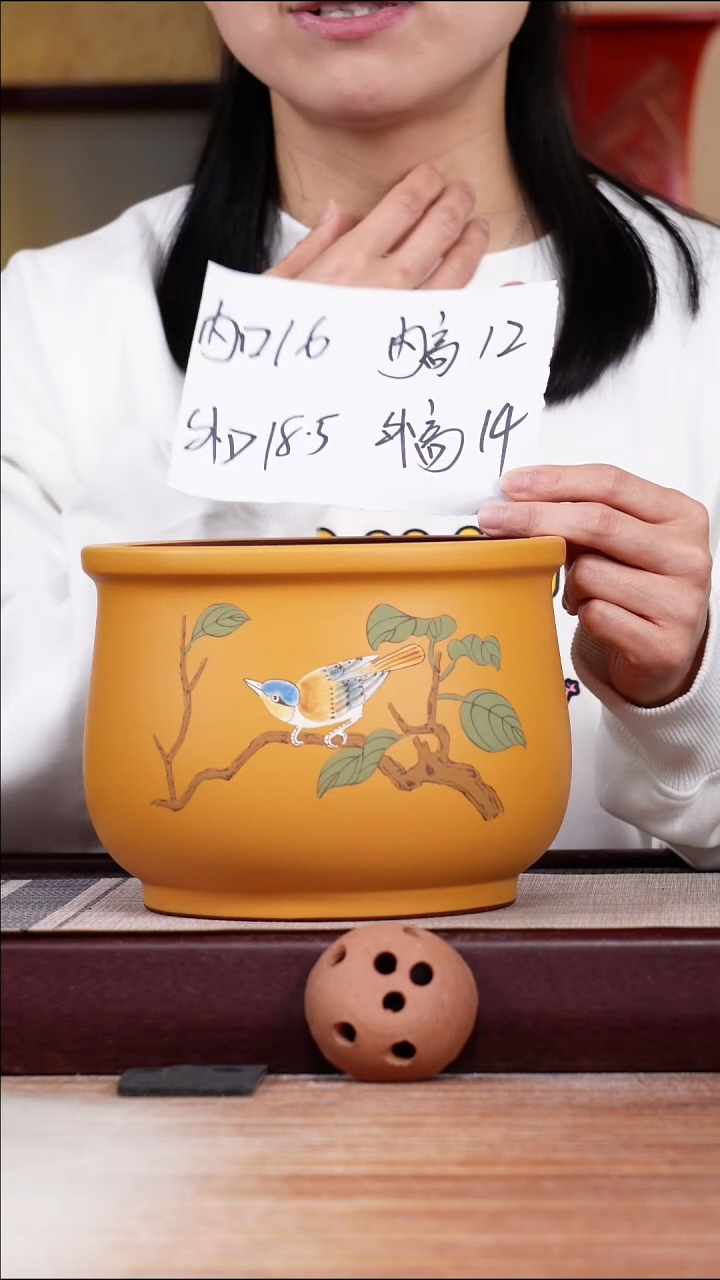 紫砂花盆粉芒果段粉浆手绘叶子小鸟矮圆盆一只无托