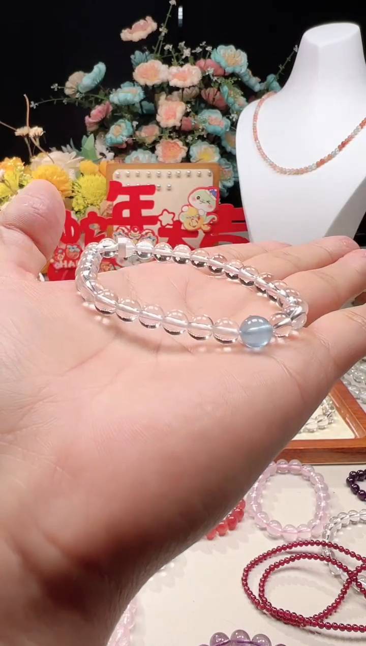 【闪购商品】水晶手串未镶嵌【微瑕】天然海蓝宝白水晶手串