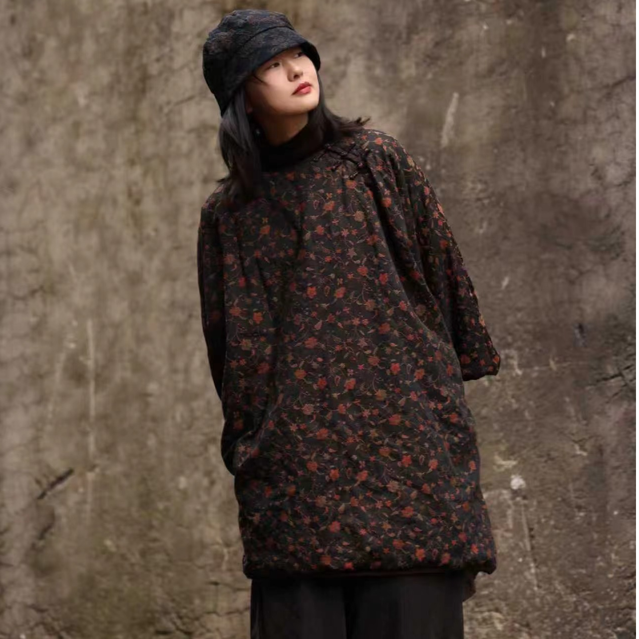 衣路39110女士圆领时尚中国风民族风冬季印花斜门襟棉衣