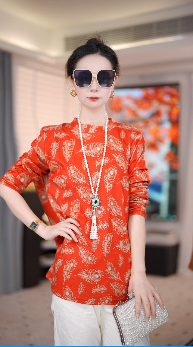 [朱红金羽]25年新款秋冬保暖透气不掉色印花加厚洋气女士打底衫