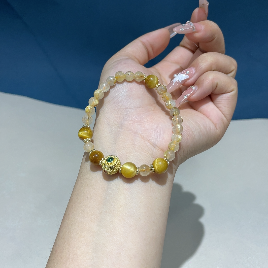 黄水晶搭配虎眼石手串单圈DIY设计手链