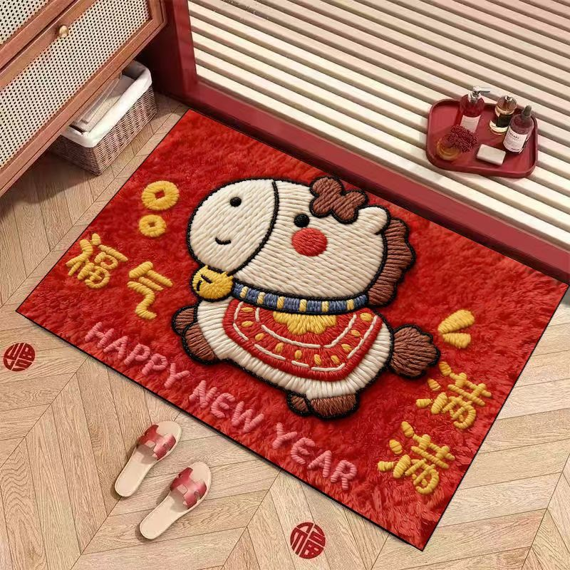 软硅藻泥红色新年喜庆卡通5D立体图案地垫洗手台浴室地毯地垫