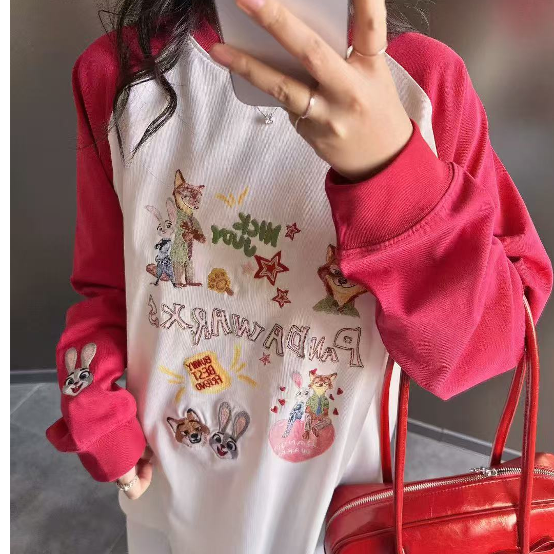 Pandawarks熊猫纸袋25447圣诞限定兔子狐狸刺绣纯棉插肩长袖T恤