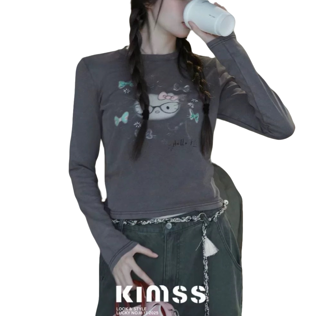 深圳出品南油TT冬季复古做旧kt印花修身显瘦长袖T恤上衣